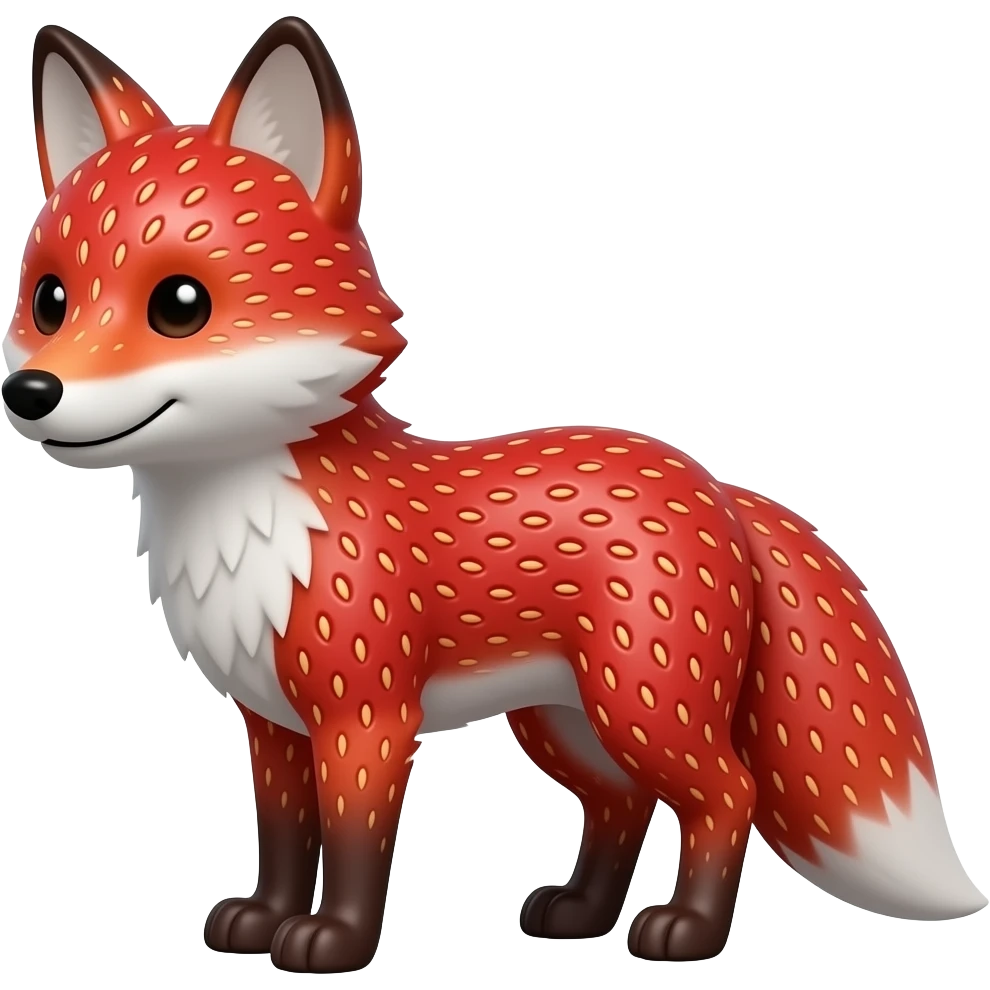 fox with red strawberry texture black dots for eyes head at 3/4 with a full body emoji