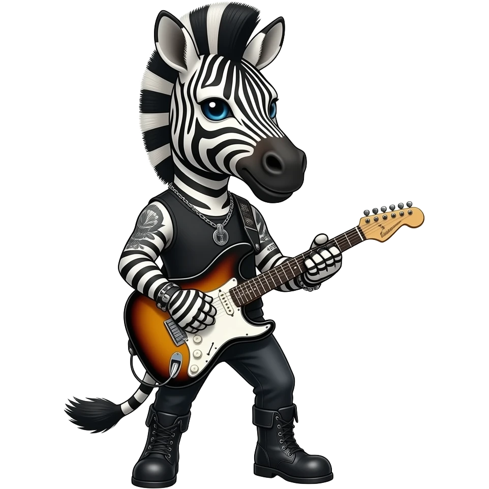 людиноподібна зебра рокер в рокерському образі)чорний одяг, берці, ірокез, тату, пірсинг) грає на гітарі emoji