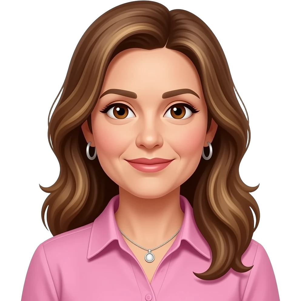woman in 40s with brown long highlighed hair pink formal shirt with collar, wearing hoop earrings and necklace, brown eyes, hoop earrings and necklace emoji