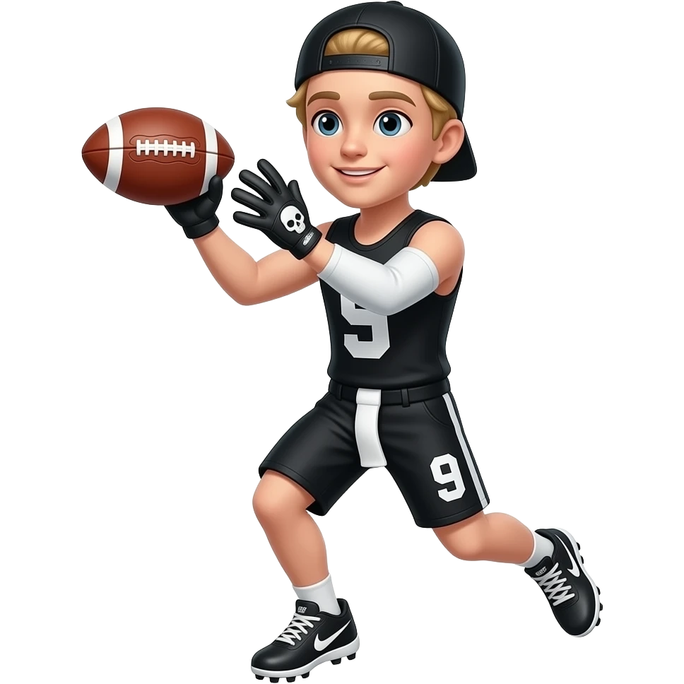 White skin teenager boy white arm sleeve with black skullcap with blonde medium hair black tank top with white number 9 black shorts number 9 Nike cleats catching the football black gloves emoji