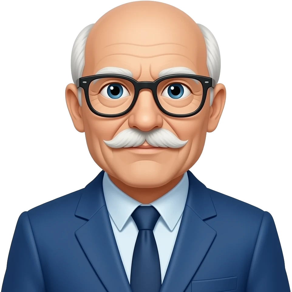 old grand father with blue office coat an wear glasses with no hairs and white mostache emoji