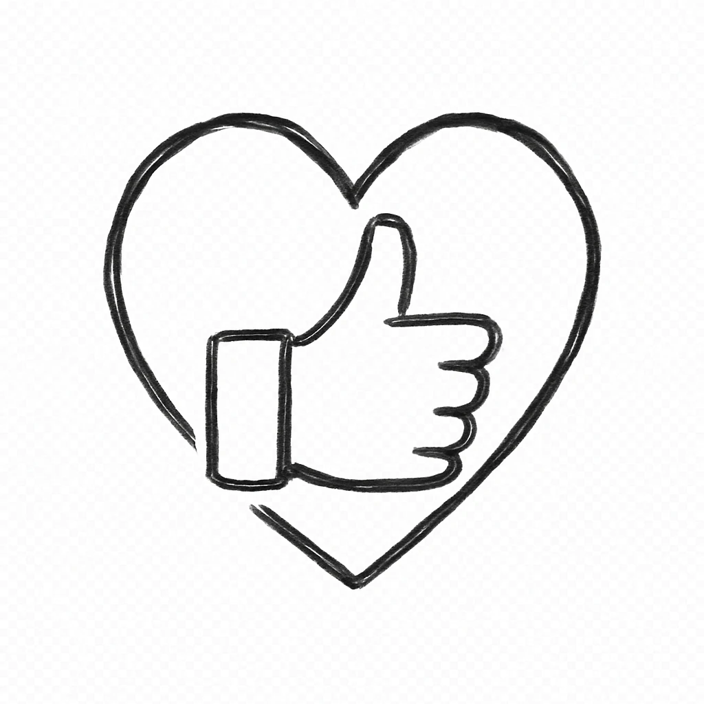 minimalist green thumbs up with heart-shaped outline around it, hand drawn black outline style, white clean background, calm and secure emoji