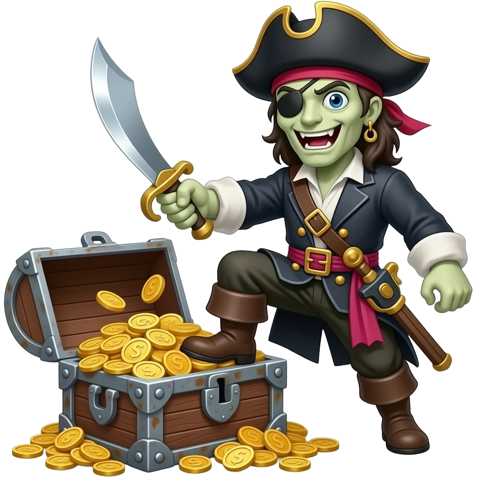 scary pirate with a sword standing over a treasure chest emoji