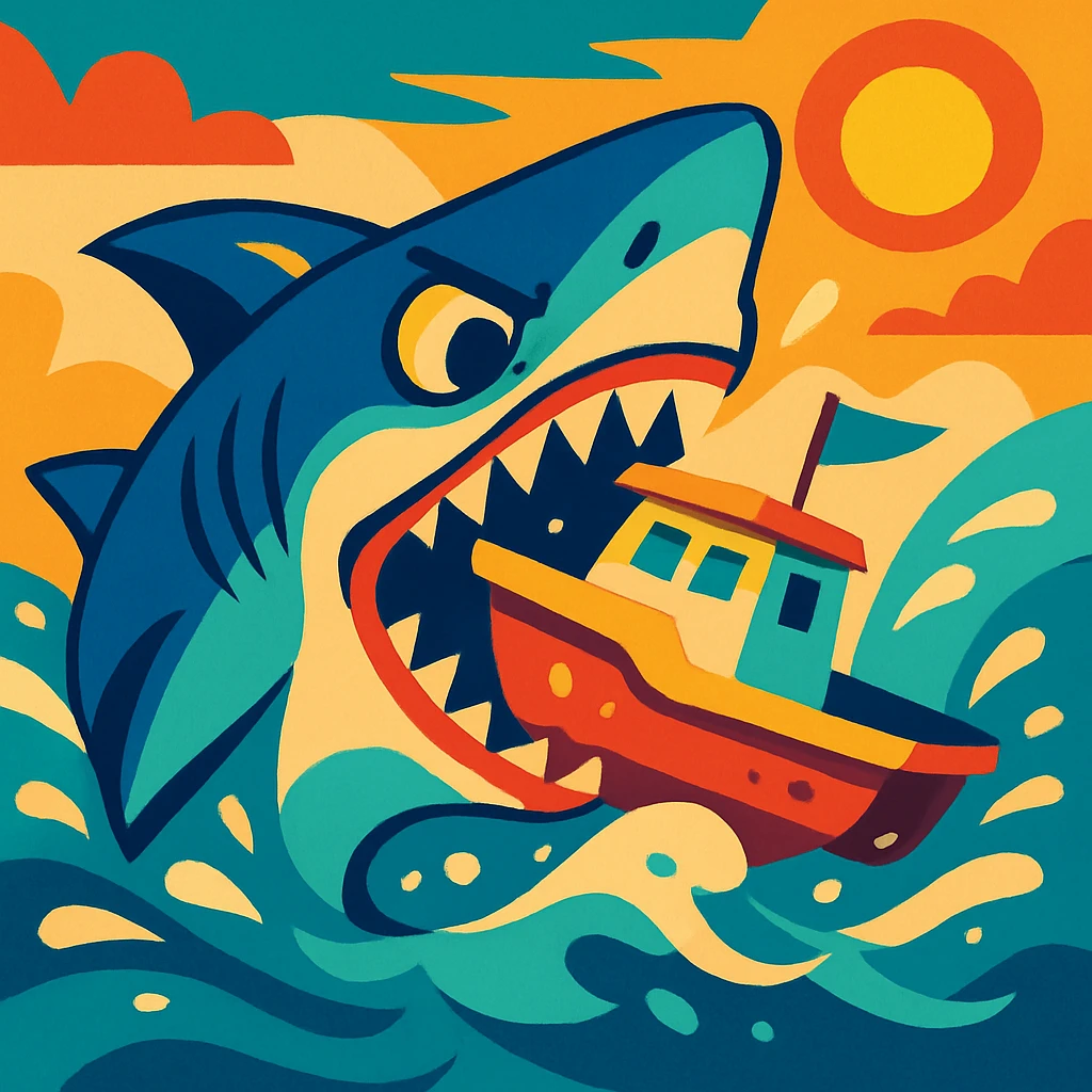 a shark eating a boat, vibrant and dynamic style, colorful, energetic, lively emoji