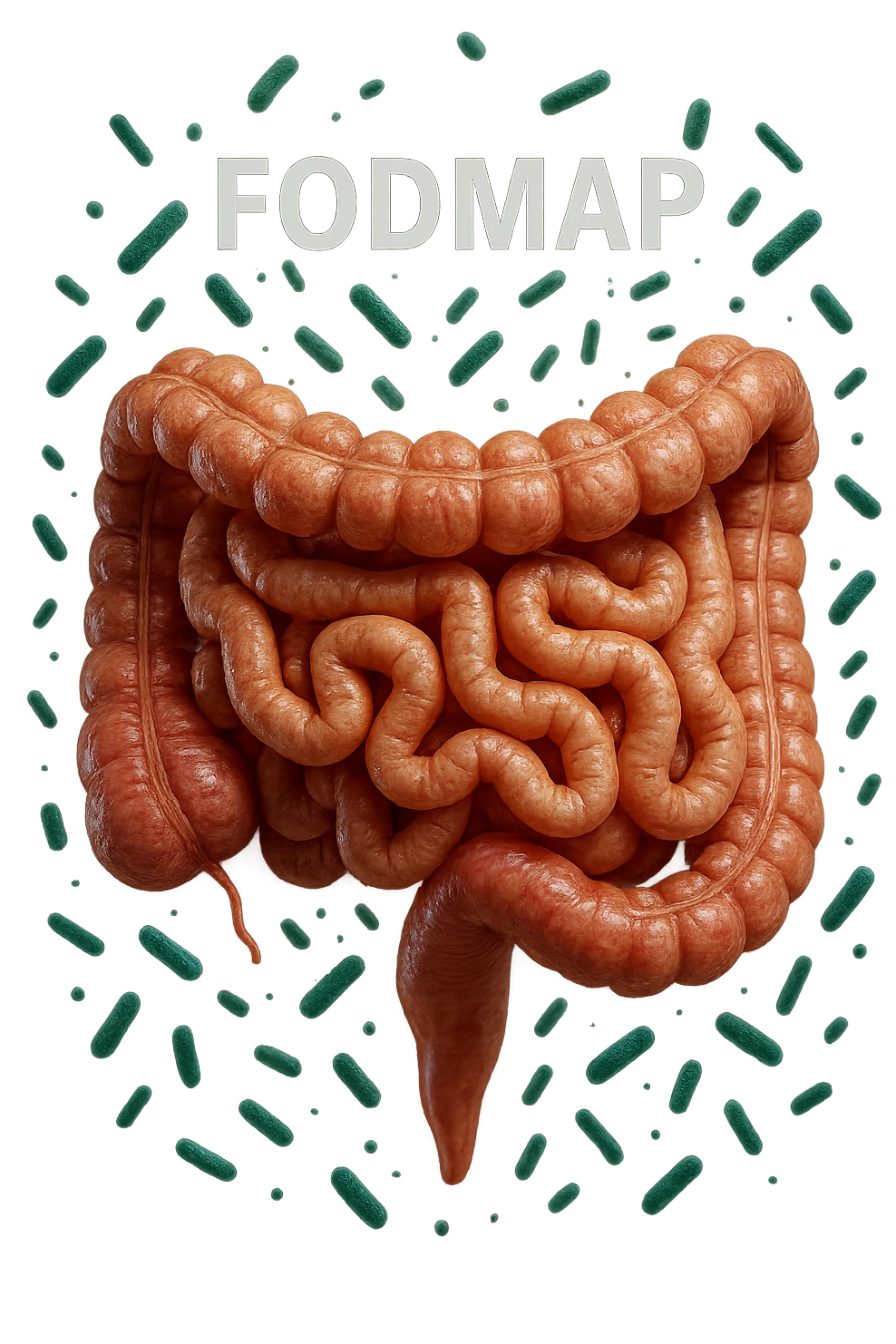intestino umano anatomico con parole FODMAP CHE GLI FLUTTUANO INTORNO INSIEME A BATTERI INTESTINALI, iperrealistica 4k emoji