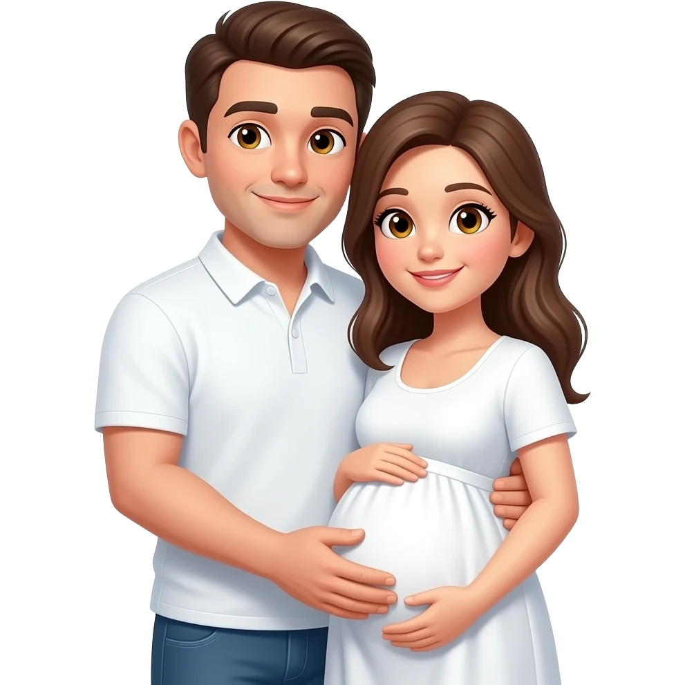 Hombre y mujer embarazada ojos color miel abrazados ropa color blanca emoji