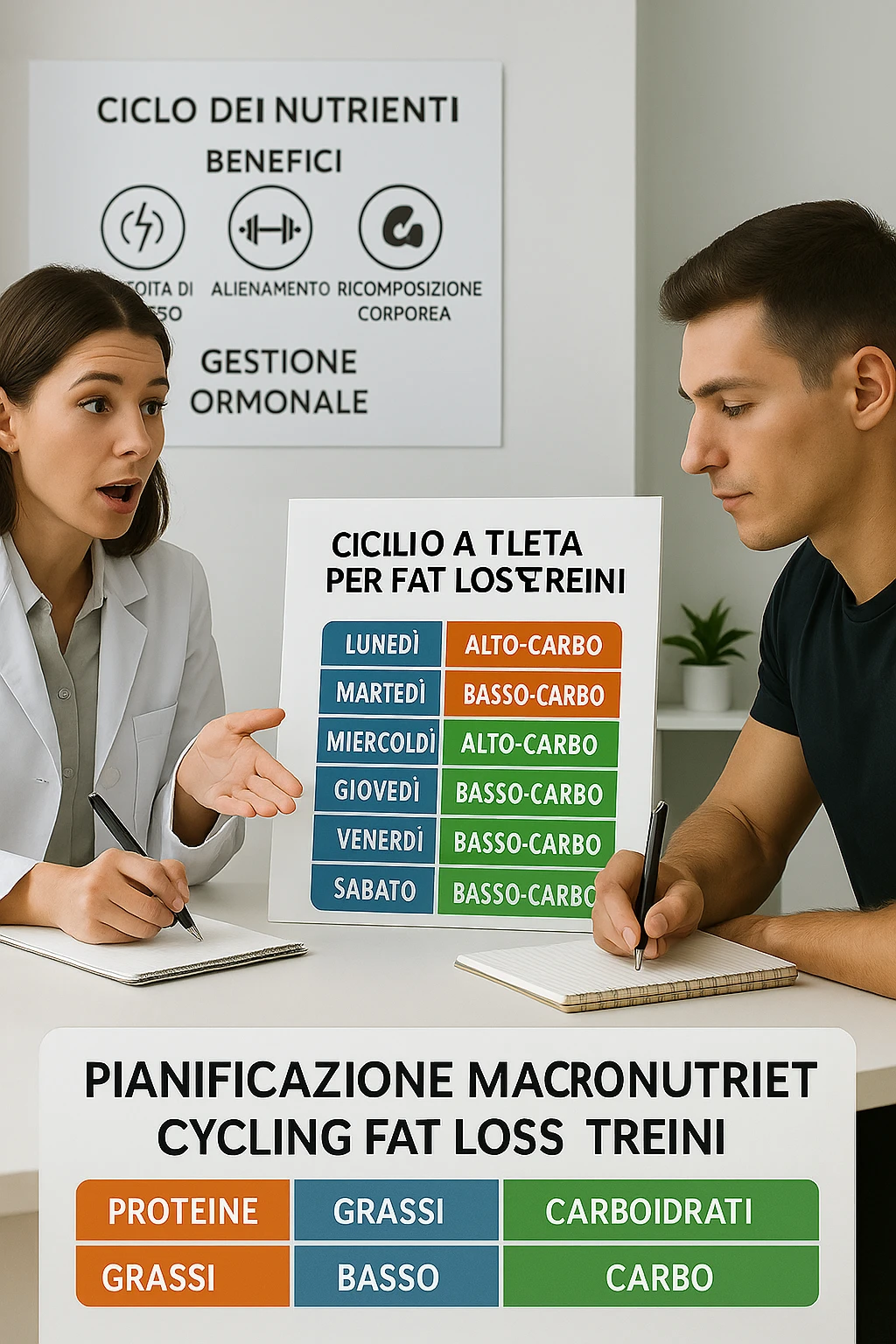 a nutritionist explains to an athlete how to cycle macronutrients for fat loss and training. On the desk, a weekly meal planner shows alternating high-carb and low-carb days, with color-coded sections for proteine, grassi, and carbo. The athlete takes notes, and a chart in the background illustrates the benefits of nutrient cycling. The mood is professional and educational. scritto in italiano emoji