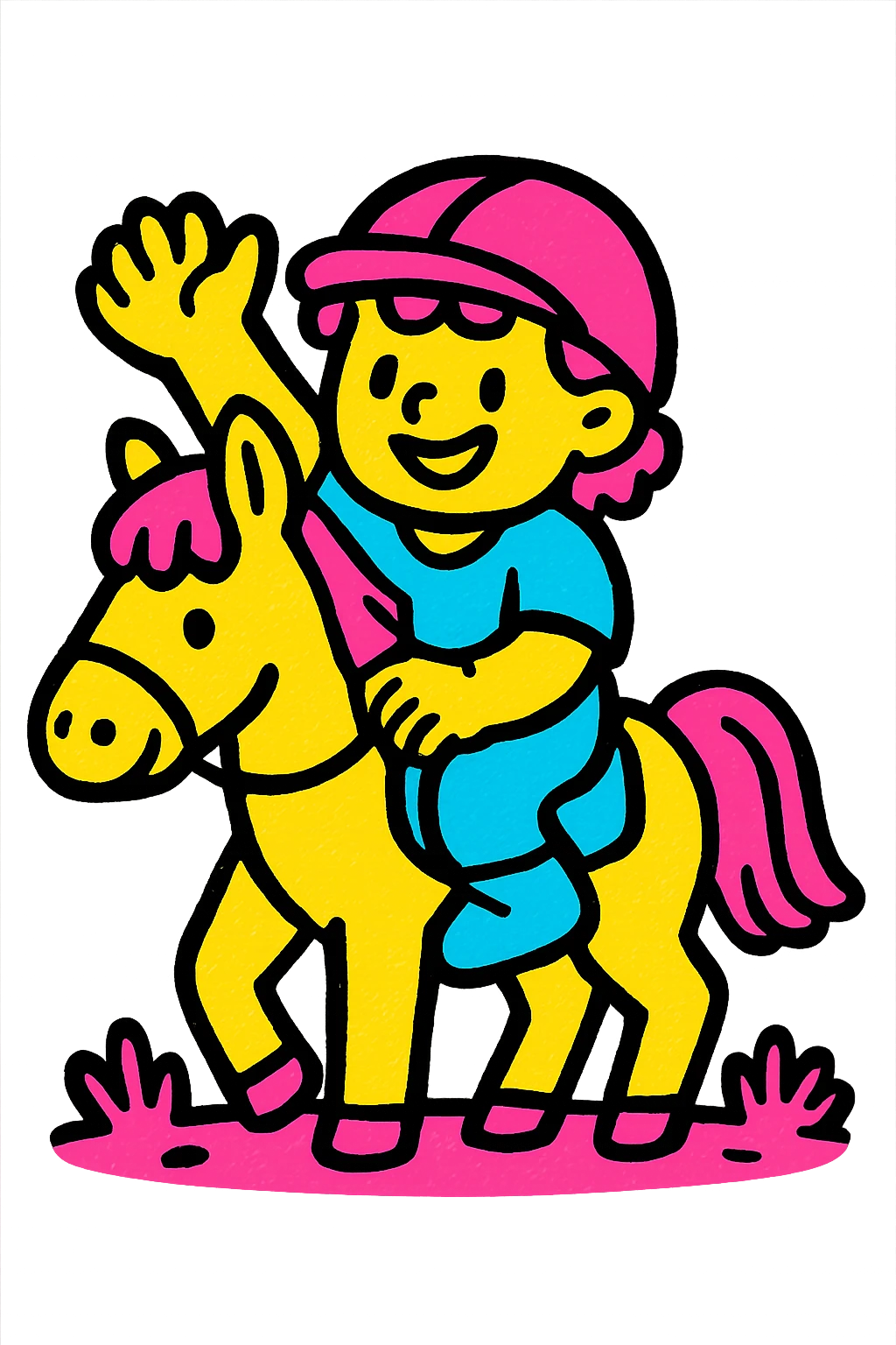 vivid color icon of a child on a horse, approachable and fun, clear outlines emoji