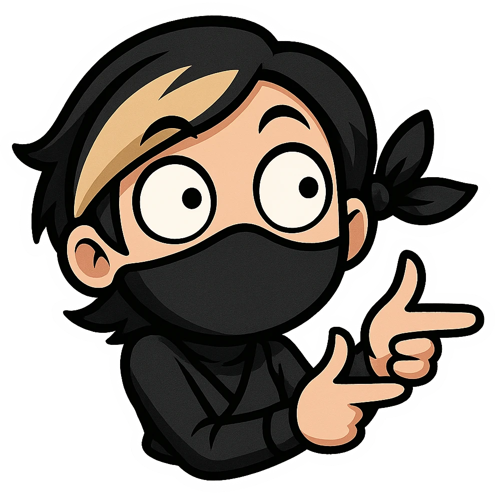 Sexy chibi ninja girl with black short hair and a blonde streak, only head and arms, making a finger gun gesture, bold outlines, no mask, making a goofy cross-eyed expression, sized for Twitch emoji use. emoji