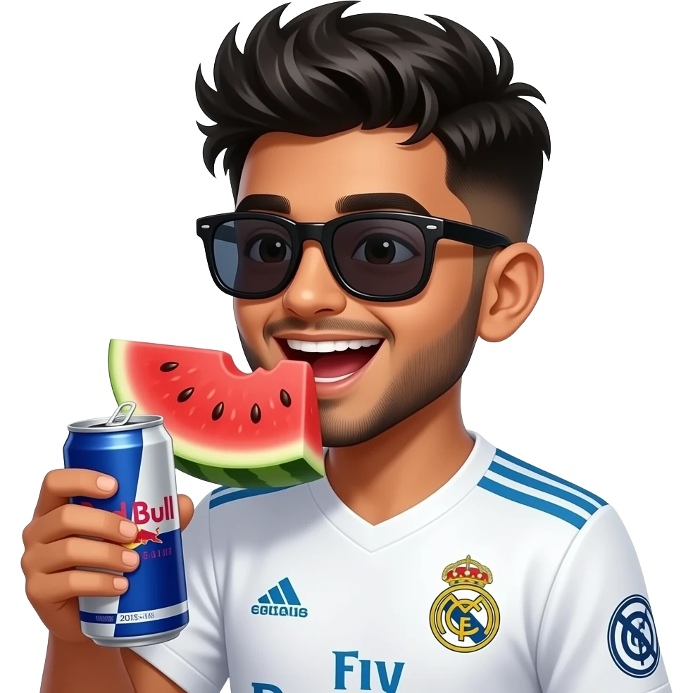 Indian boy giggling, young, late teens, with light trimmed beard, side fades with messy spikes hairstyle, drinking red watermelon Can Red Bull with big dark black wayfarers and Real Madrid 2015-16 away kit emoji