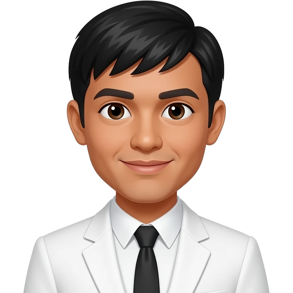 A dark skinned midget philipino man with a mushroom cut wearing a white suit with a haircut like the Beatles emoji