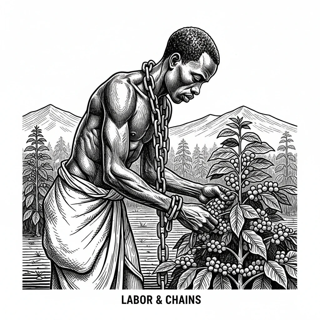 Сгенерируй мне в стиле черно белой гравюры африканского раба с цепью на шее который собирает КОФЕ. Гравюра должна быть максимально минималистичной emoji