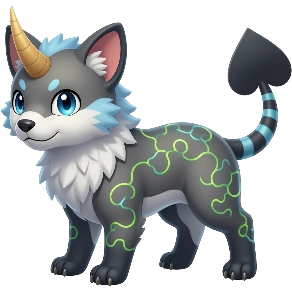 Horned Digitigrade furry fuzzy elemental realistic pretty fluffy furry fuzzy cute smooth soft shiny patterned quadrupedal Randomly patterned Shinx-Pyroar-Houndour-Arcanine-Electrike-animal-hybrid, full body, with an imp-spade-tail emoji