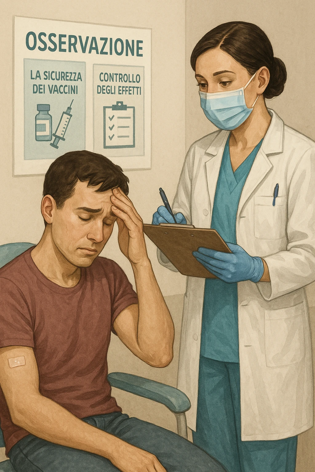 Vertical, educational medical illustration: a healthcare professional observes a patient who appears unwell after receiving a vaccine. The patient sits in a clinic chair, showing mild symptoms such as fatigue or headache, while the professional takes notes and offers reassurance. The background includes educational posters about vaccine safety and monitoring. realistica in italiano emoji