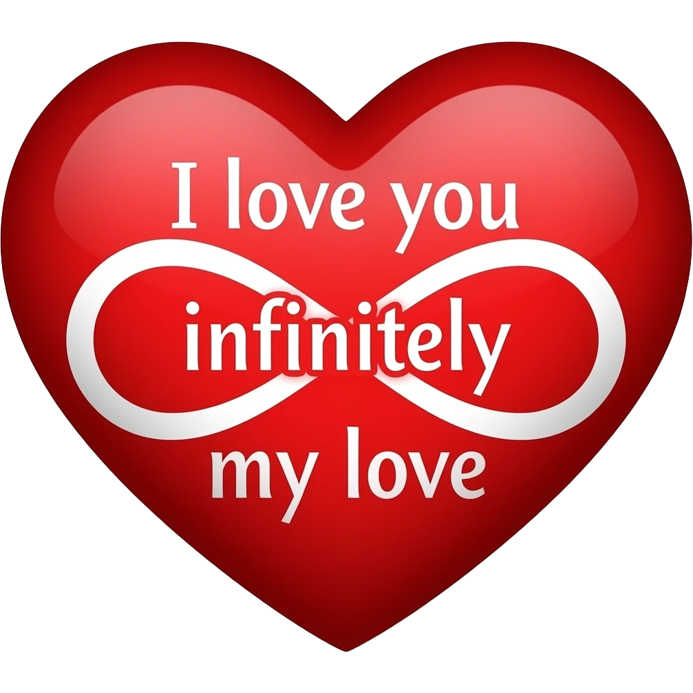 Un cœur rouge brillant avec écrit à l’intérieur: «  Je t’aime à l’infini mon amour » et signe infini, croisé avec le cœur emoji