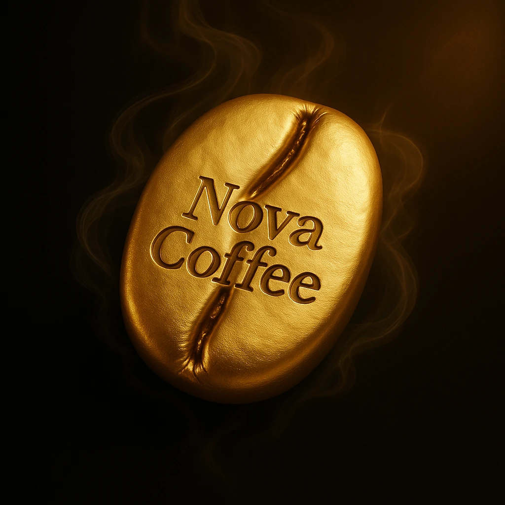 Enhance the golden coffee bean to be even more detailed and realistic while maintaining a clean, minimalist, and luxurious style. Add the text 'Nova Coffee' engraved or burned naturally and elegantly into the surface of the bean. Keep the soft swirling mist and the black background with a soft golden glow in the corners, with transparent edges. Render in the highest resolution possible. emoji