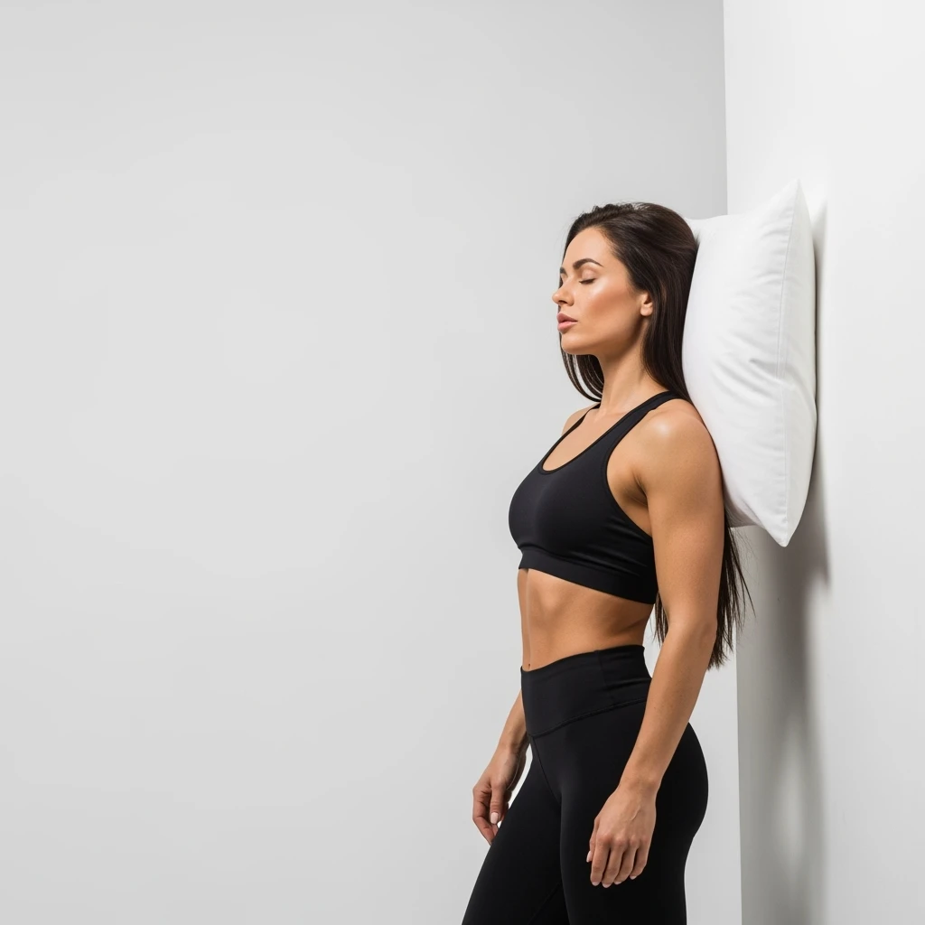 DONNA FITNESS IN PIEDI CON CUSCINO DIETRO LA TESTA MENTRE PROVA A DORMIRE, IPERREALISTICA 4K, SENZA SFONDO emoji