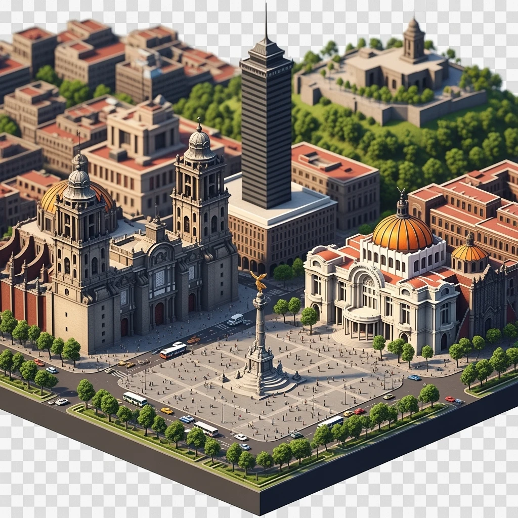 Isometric miniature of Mexico City Zócalo square with Metropolitan Cathedral, Palacio de Bellas Artes, Torre Latinoamericana, Chapultepec Castle, and Angel of Independence, atmosphere of the city 3D miniature effect and Tilt Shift effect, no cartoonish look, transparent background. emoji