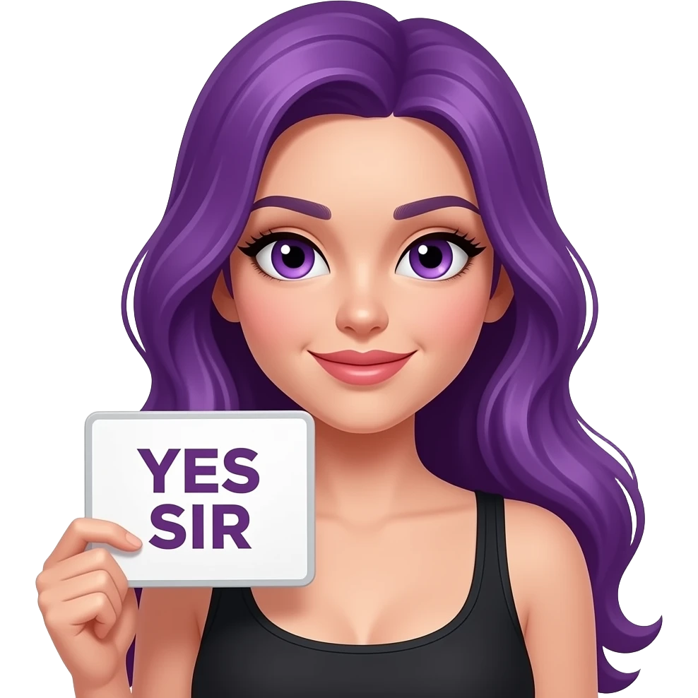 sexy girl with long purple hair and purple eyes holding a YES SIR sign emoji