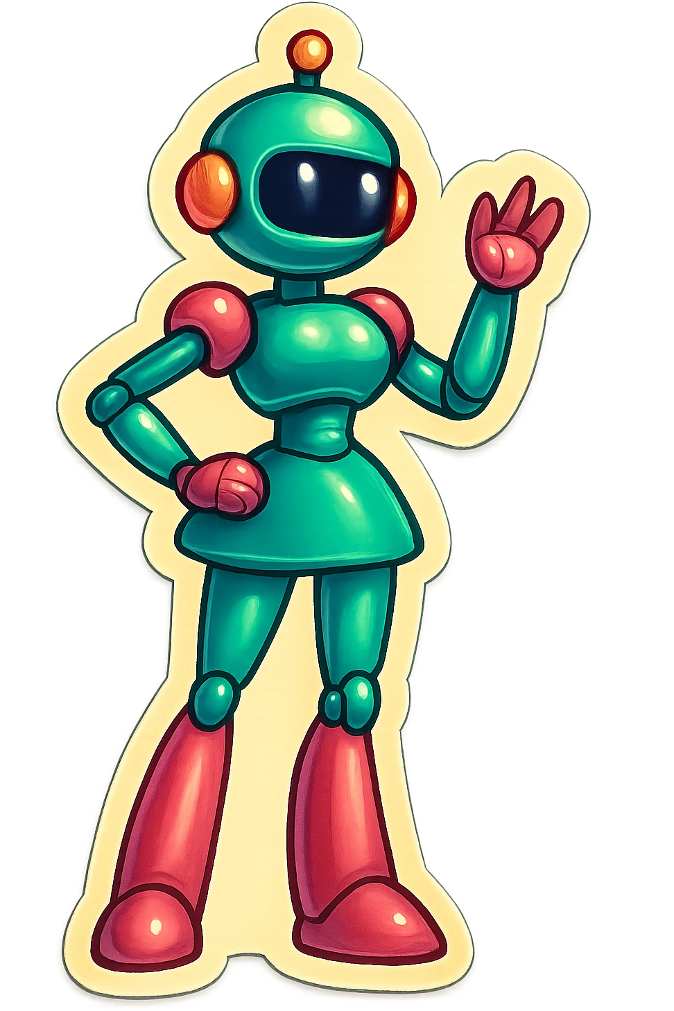 cartoon slim female robot, retro sticker style emoji