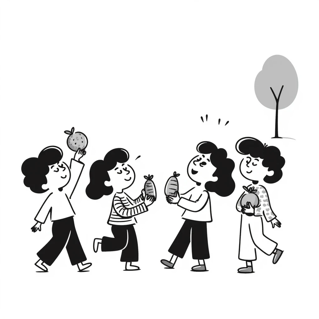 healthy boys and girls running around playing with some eating fruit emoji