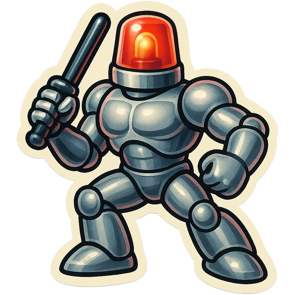 silver muscular robot with a red police light head, holding a futuristic baton, retro stickers style emoji