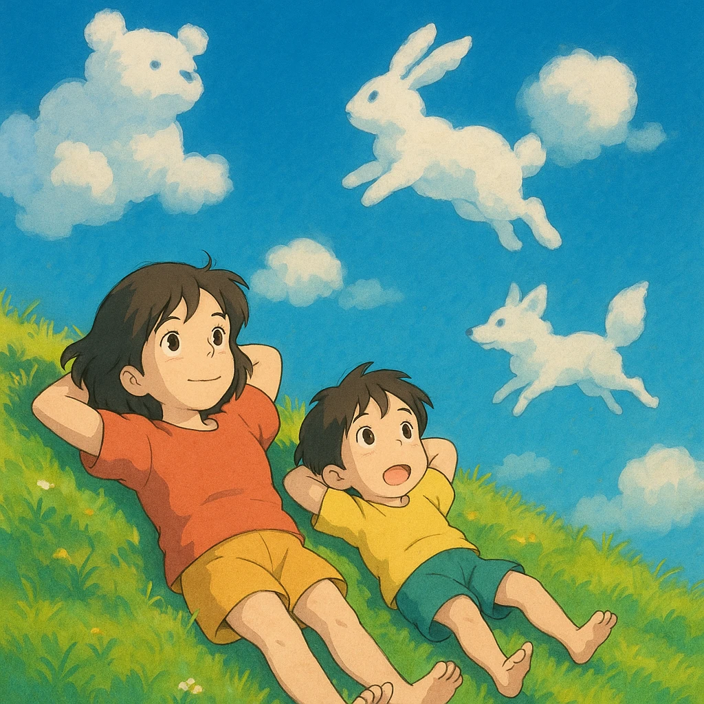 Two siblings lying on a grassy hill, gazing up at drifting cloud animals. emoji