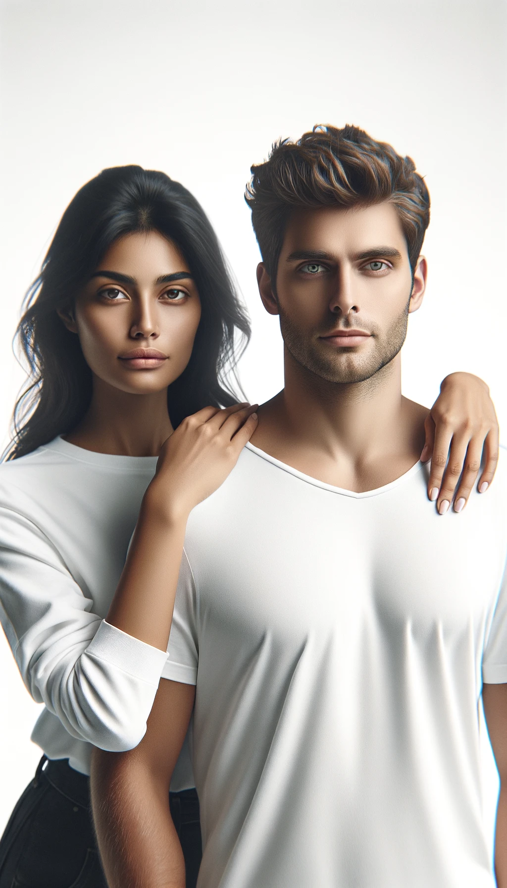 coppia di fidanzati, la fidanzata sta alle spalle del fidanzato e si affida totalmente a lui per ogni cosa, lui è a capo della coppia, sfondo bianco, iperrealistico 4k emoji