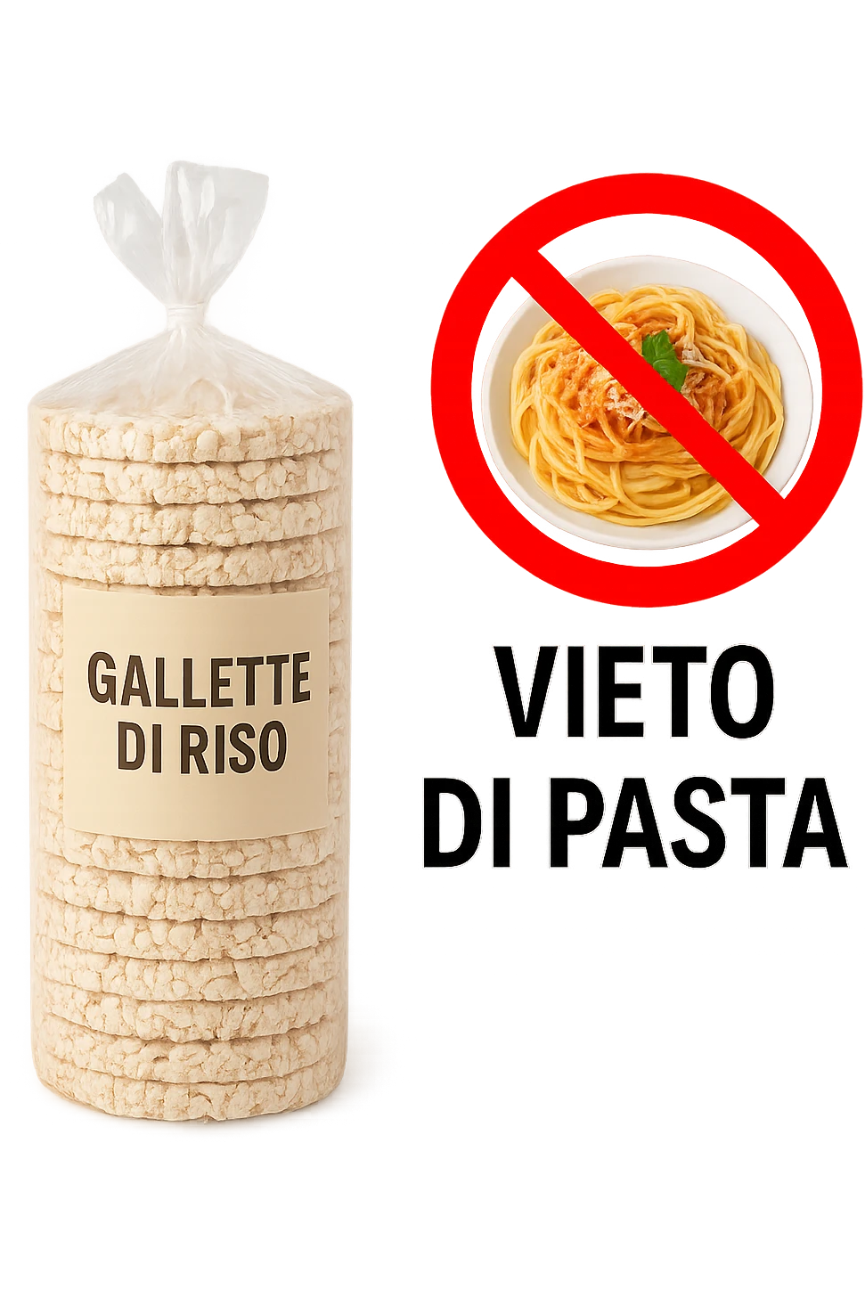 confezione di gallette di riso con accanto un piatto di pasta con divieto sopra, in italiano,  realistici emoji