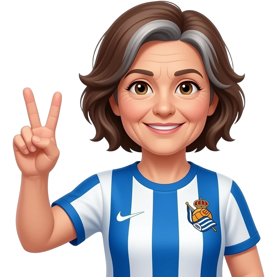 Chica de 50 años, pelo moreno con pocas canas repartidas (sin mechones), melena corta con raya en el centro y ligeramente alborotada. Rostro natural con ligeras arrugas. Lleva camiseta de la Real Sociedad. Levanta la mano haciendo gesto de victoria (dos dedos). emoji
