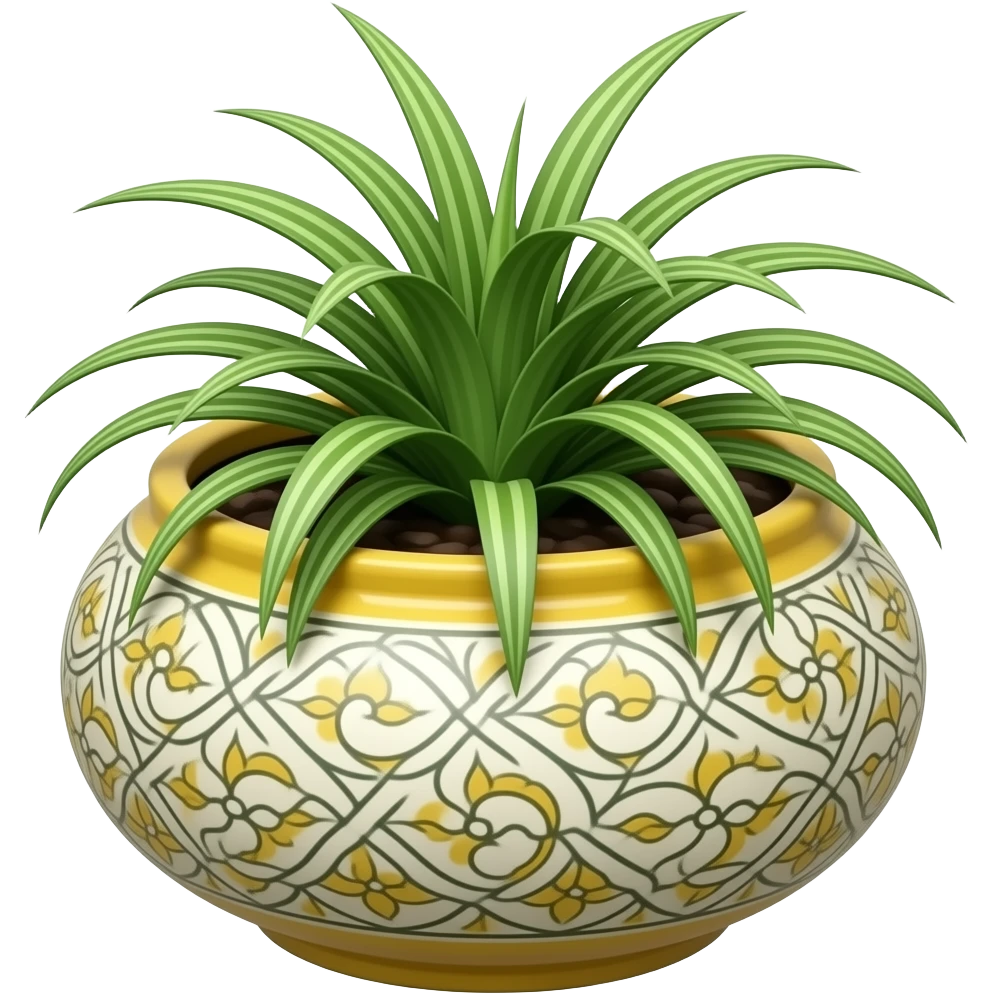 Create an elegant and decorative circular ceramic planter. The planter has a wide mouth and a low profile. It is glazed yellow and contains a Tradescantia pallida plant. The background is white. Illustration style: cartoon – Art Deco – 2D emoji