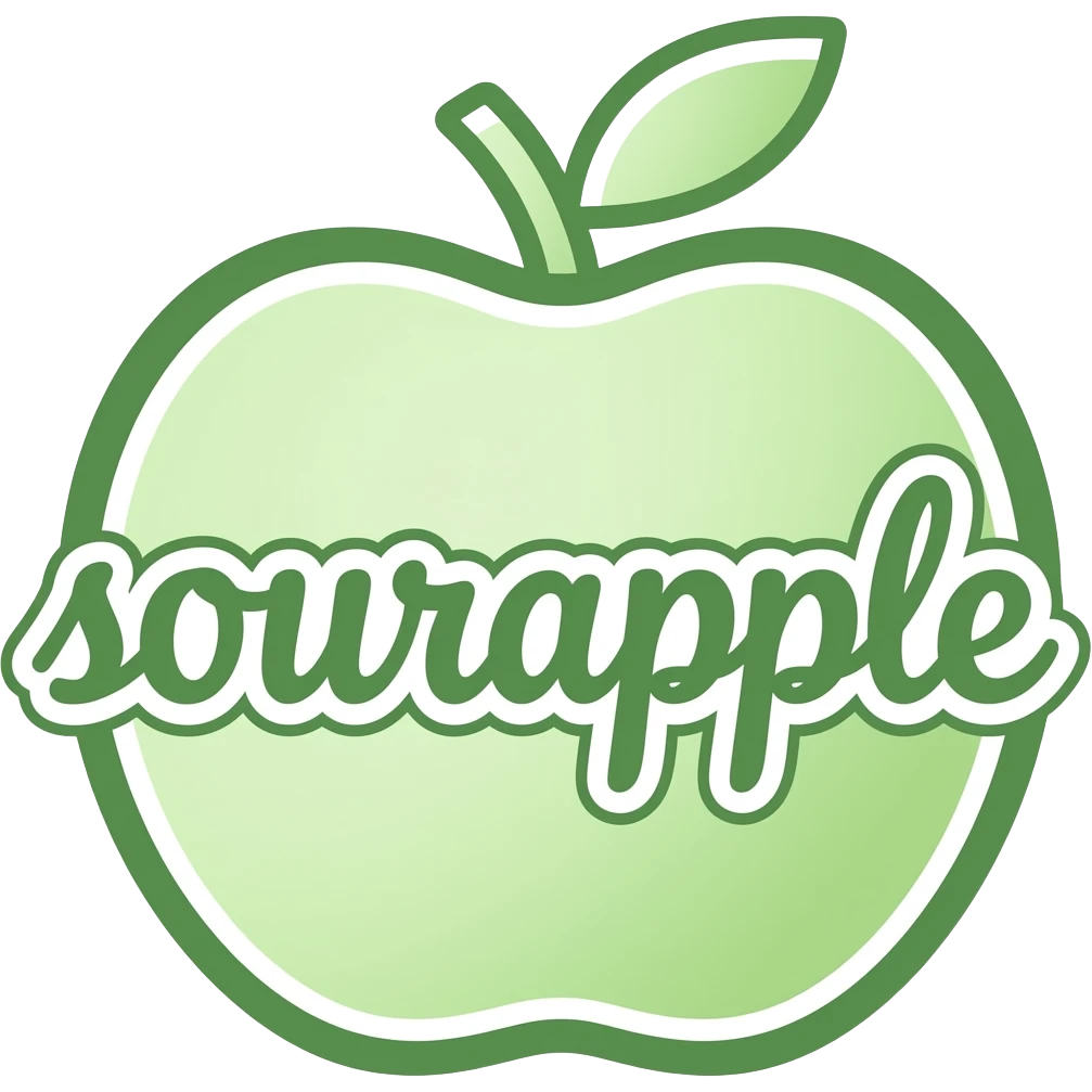 green calligraphic letters with a white border spelling "sourapple" inside a lineart of a green apple emoji