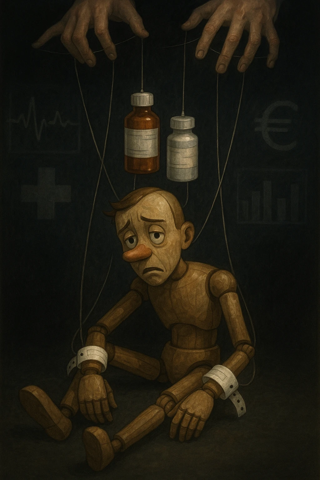 a marionette puppet with hospital bracelets and medication bottles as strings is controlled by unseen hands from above. The puppet’s face shows confusion and fatigue, representing the feeling of being managed by an invisible system. The background is dark, with faint images of medical charts and euro signs. in italiano emoji
