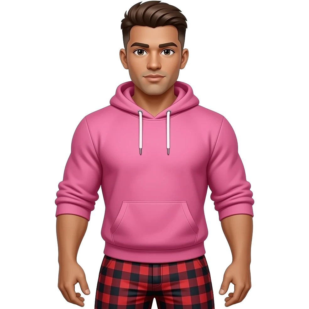 A muscular man who has a brown fluffy low taper fade, wearing a pink sweatshirt and is muscular and their skin color is brown and the pants are plaid red and black pants no beard and there skin color is brown emoji