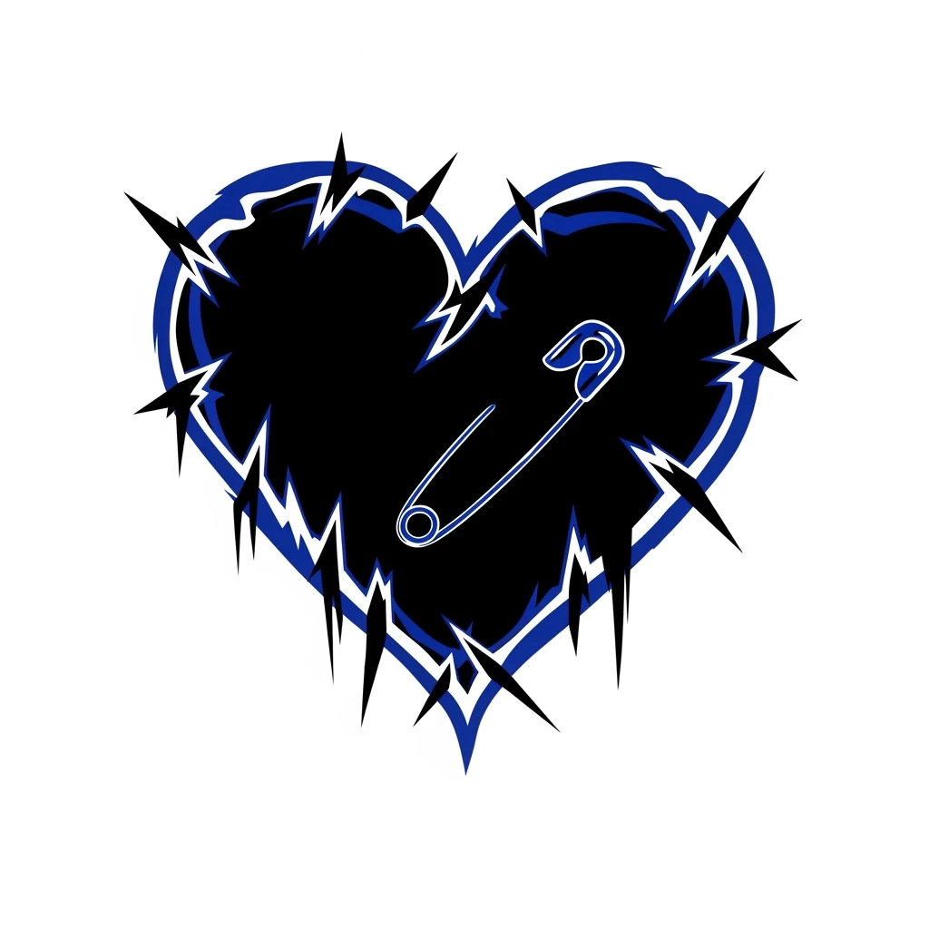 emo heart, jagged edges, black and blue, small safety pin, modern emo aesthetic emoji