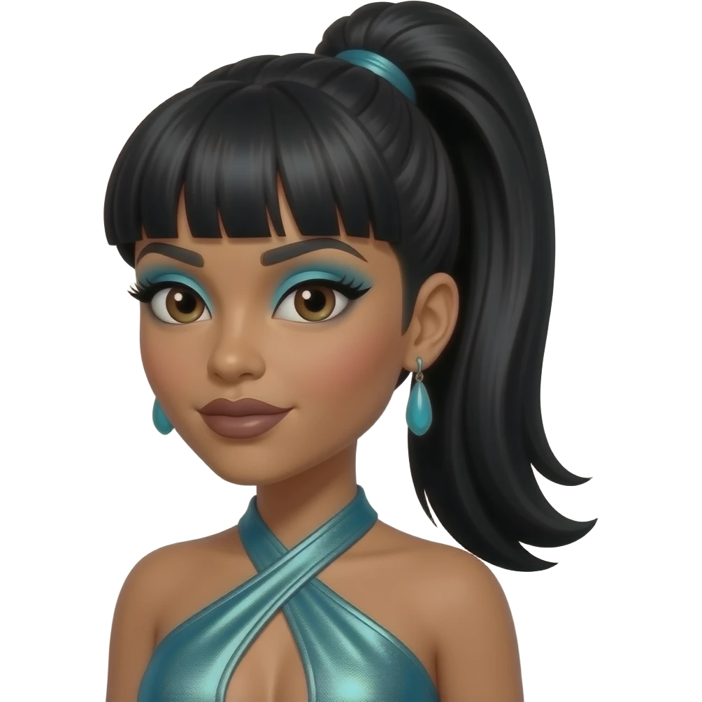 Lisa Left Eye Lopes from TLC with dark brown eyes, black 90s high ponytail and updo hair with bang, cyan eyeshadow, dark brown lipstick, cyan metallic halter dress, cyan earrings emoji