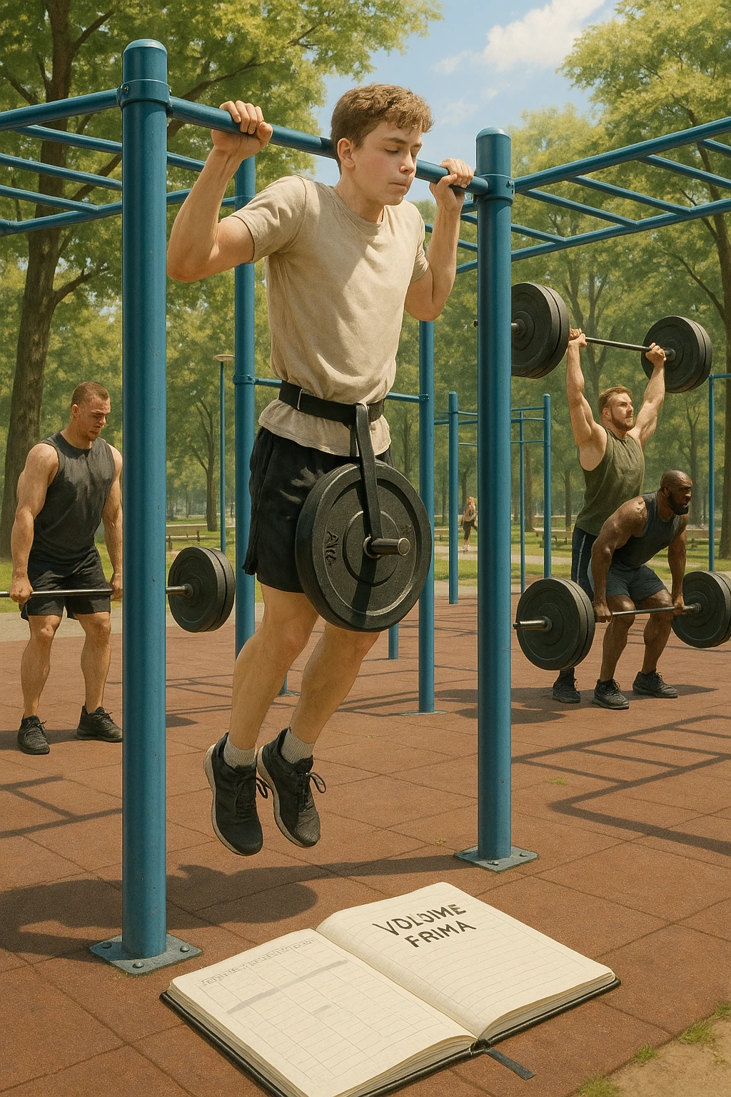 Atleta neofita giovane in un parco attrezzato per streetlifting, fisico ancora in fase iniziale. È intento a eseguire molte ripetizioni di esercizi a corpo libero con pesi leggeri (zavorra moderata), come trazioni e dip su parallele. Accanto a lui un taccuino di allenamento con la scritta 'Volume Prima'. L’atmosfera è luminosa e motivante, con altri atleti più muscolosi che sollevano carichi pesanti, ma lui è concentrato sul gesto tecnico e sulla costanza. Stile realistico, colori naturali, messaggio educativo su priorità all’adattamento progressivo e al volume. emoji