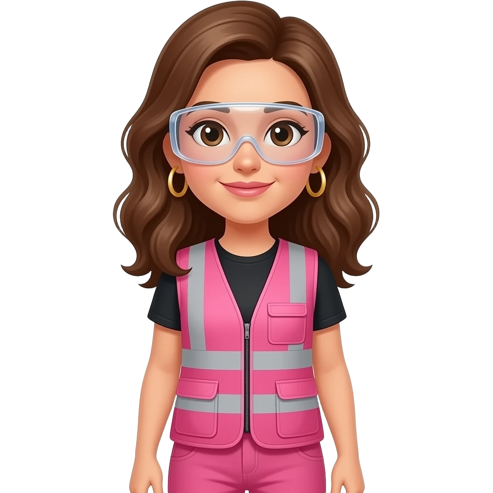 White women with brown eyes with shoulder length wavy hair wearing gold hoop earrings wearing pink and clear safety glasses wearing a pink construction vest wearing pinkpants emoji