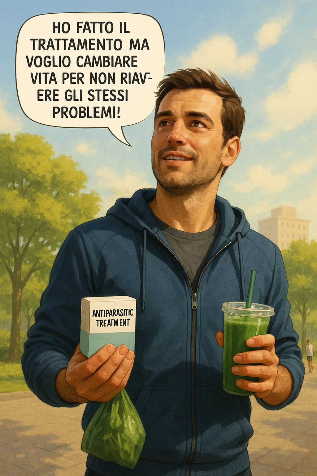 A realistic, cinematic illustration of a man in his early 30s with a determined and hopeful expression, standing outside under a bright morning sky, holding a small box labeled 'Antiparasitic Treatment' in one hand, while in the other hand he holds a fresh green smoothie or a bag of vegetables. A speech bubble near him says: ‘Ho fatto il trattamento ma voglio cambiare vita per non riavere gli stessi problemi!’ The man is wearing casual but clean and sporty clothing, symbolizing a fresh start, with the background showing a city park with green trees, morning light, and people jogging, indicating a healthy lifestyle. The atmosphere is bright, uplifting, and motivating, clearly illustrating the transition from treatment to lifestyle change to prevent future health issues. The style is realistic with warm tones, showing positive energy and commitment to change in italiano emoji