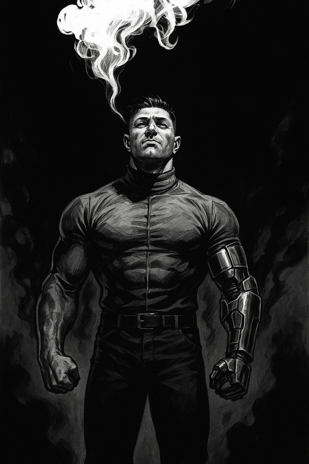 Black and white comic book panel of an extremely muscular Italian man with cybernetic implants standing in the dark, surrounded by smoke. He is wearing a long-sleeved shirt with a high collar, and his chest is sculpted. emoji