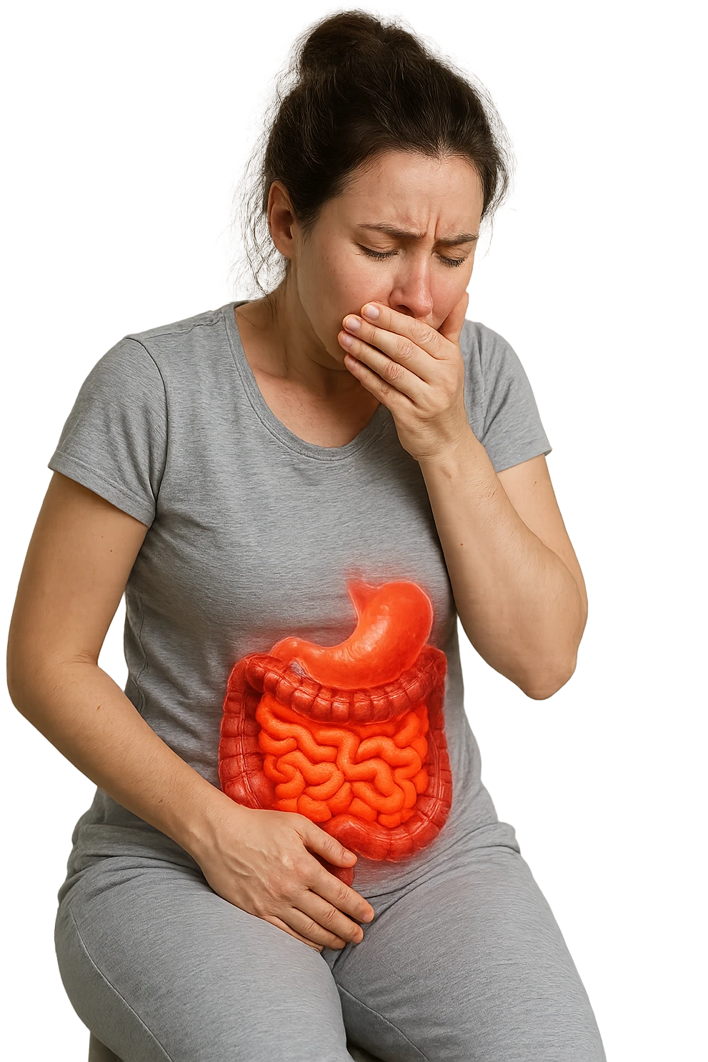 donna che ha post partum che soffre di nausea, intestino realistico in evidenza, iperrealistico, non disegnato emoji
