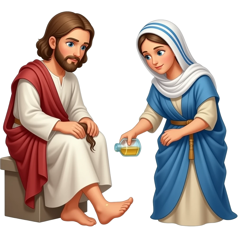 A Jewish woman from Bible times pours the bottle of perfume on Jesus feet and rubbing her hair on his feet emoji