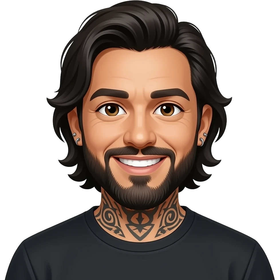 The handsome Latino podcast host with medium length hair, a long beard and tattoos with his ears pierced and a nose ring on the right side, smiling emoji
