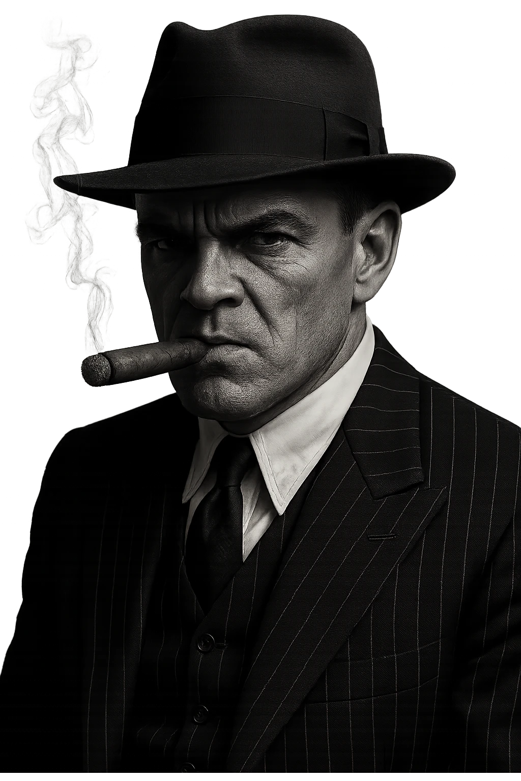 Remove the background to make the 1920s Chicago mobster on a transparent background, while preserving the noir style and details of the image. emoji