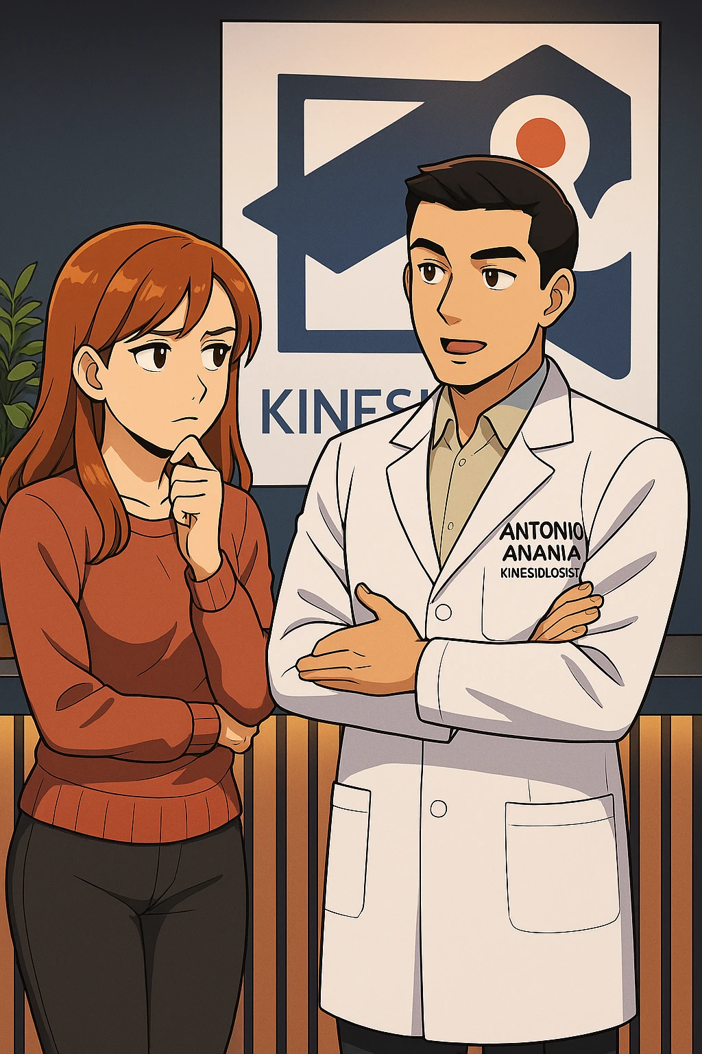 su questo stile fai un manga/webtoon a colori in cui una donna SI TOCCA IL MENTO CON L'INDICE MENTRE ASCOLTA PENSIEROSA L'UOMO, l'uomo della foto in stile manga LE SPIEGA CHE DEVE PROVARE LA SUA VALUTAZIONE MEDICA, mantieni un ambiente simile alla foto che ho allegato con il suo logo (sarebbe il suo studio, lui è un kinesiologo), scrivigli "ANTONIO ANANIA" sul camice bianco, non mettere fumetti, ma fai in modo che sembri che la donna ASCOLTI l'uomo emoji