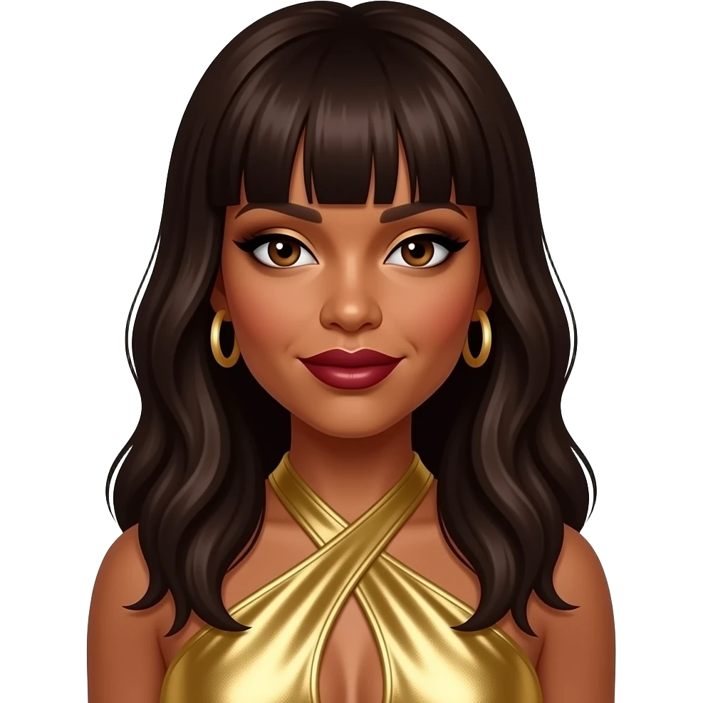 LeToya Luckett from Destiny's Child with dark brown eyes, long dark brown hair with bang, gold eyeshadow, dark red lipstick, gold metallic halter dress, gold earrings emoji
