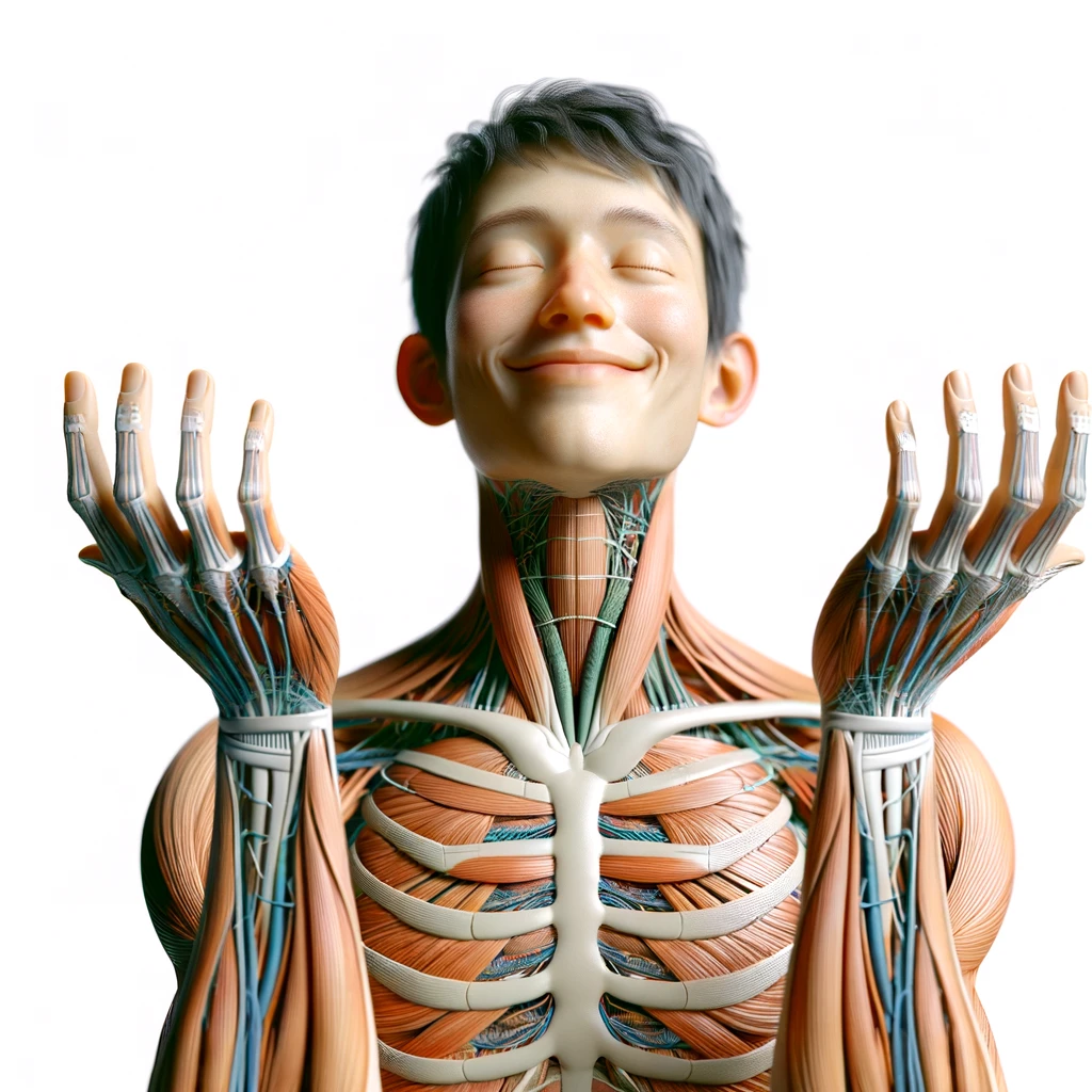 corpo umano anatomico sereno e felice con una buona opportunità per le mani, iperrealistica 4k, isolato su sfondo bianco emoji