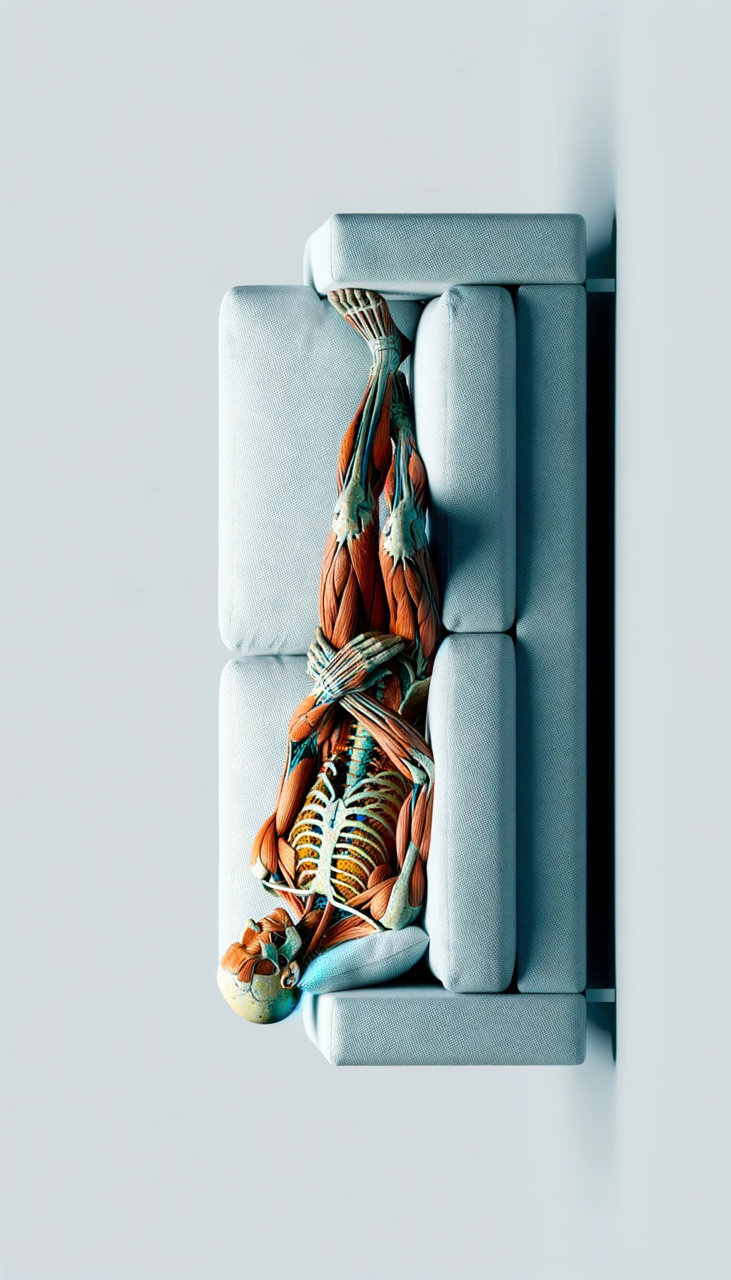 corpo umano anatomico che dorme sul divano, iperrealistico 4k, isolato su sfondo bianco emoji