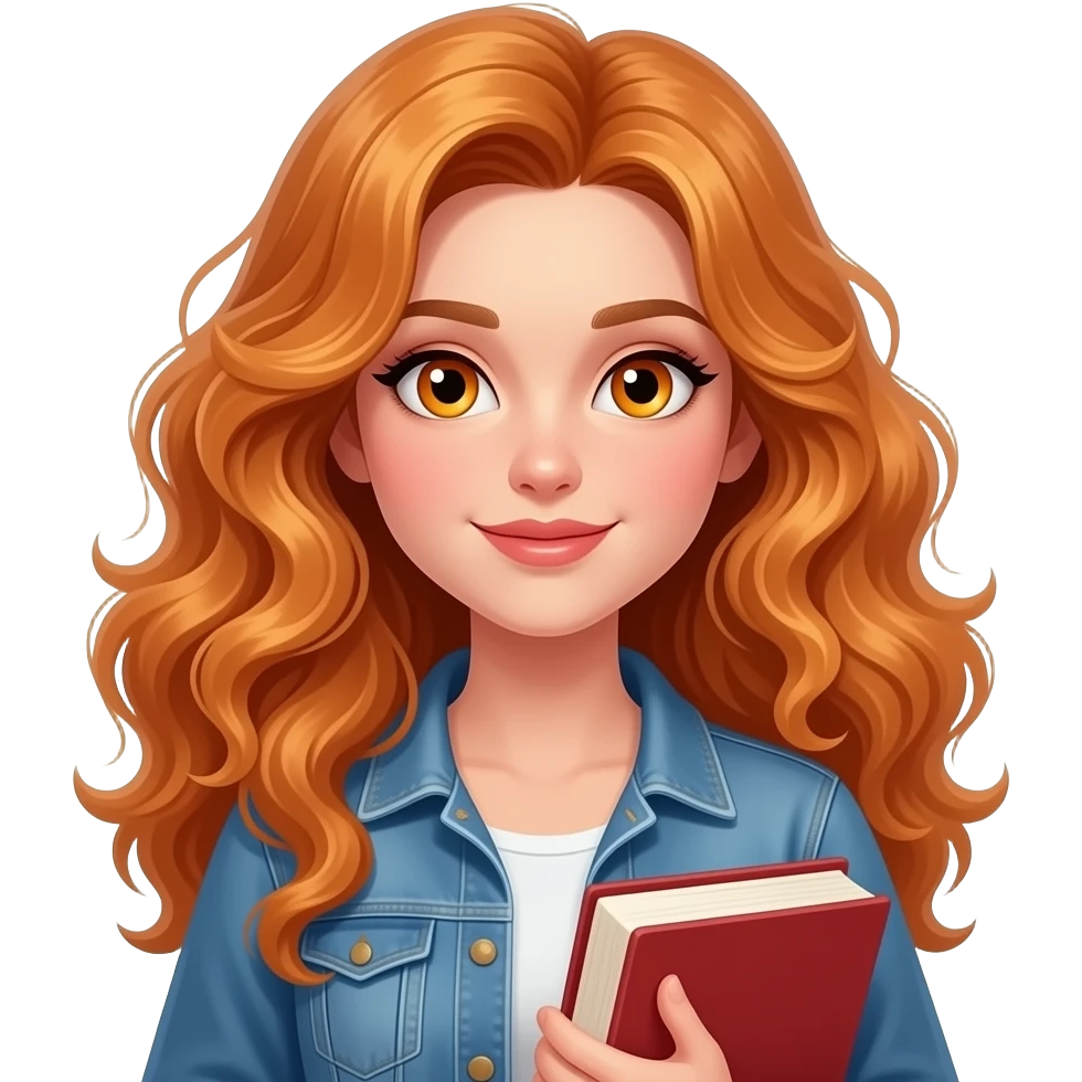 sexy girl with long curly ginger hair and ginger eyes is holding books emoji