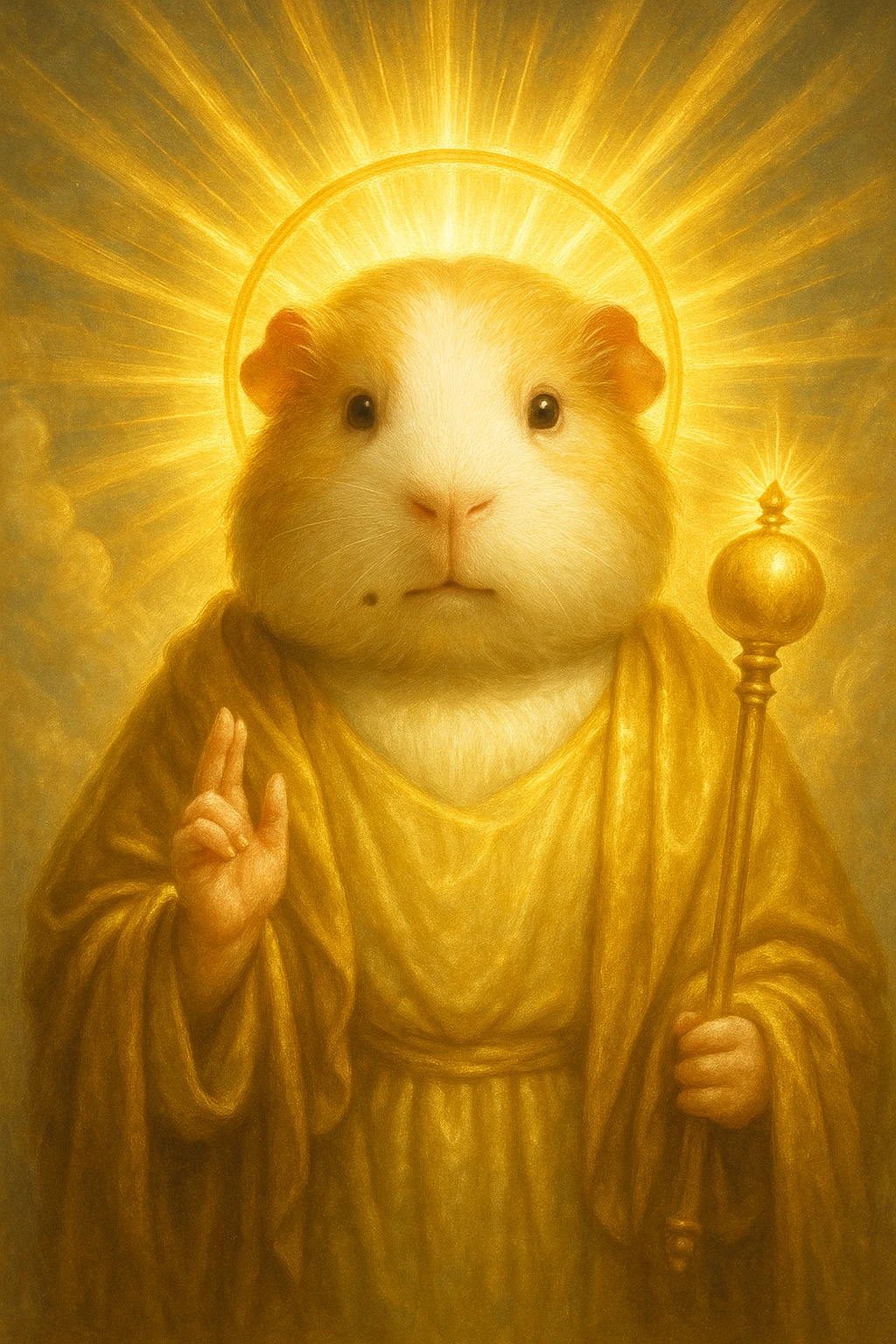almighty guinea pig god with a mole on the left cheek, divine, radiant, powerful presence emoji